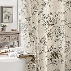 Farmhouse Floral Linen Shower Curtain, Vintage Black Pattern Rustic Shower Curtains for Bathroom, Tan Taupe,72x96