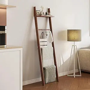 63" Bamboo Blanket Ladder with Shelf and 5 Hooks, 4 Tier Leaning Blanket Rack, Farmhouse Towel Ladder Rack, Decorative Quilt Rack Holder for Living Room Bedroom Bathroom, Walnut