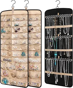 3 Pack Hanging Jewelry Organizer Storage with 39 Pockets, 30 Necklace Hooks Double Sided Wall Mount Earring Holder Organizer Bracelet Necklace Jewelry Display Hanger for Closet Door (Black)