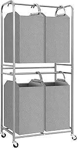 STORAGE MANIAC 4 Section Vertical Laundry Hamper, 2 Tier Laundry Sorter with 4 Removable Tote Bags, Rolling Clothes Basket for Towels, Blankets, Tall Dirty Clothes Hamper for Closet, Bathroom, 4 Bags