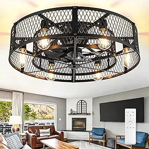 Depuley Low Profile Ceiling Fan: 26" Flush Mount Ceiling Fan Lights Reversible - Industrial Caged Ceiling Fans Light Fixture 6 Speeds for Bedroom Kitchen Black E26 Base Bulbs Not Included