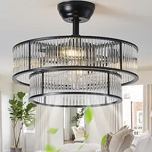 Black Fandelier Ceiling Fans with Lights, 20" Black Crystal Chandelier Ceiling Fan with Light Remote Control, Caged Mid Century with 6 Speeds for Bedroom, Living Room, Nursery