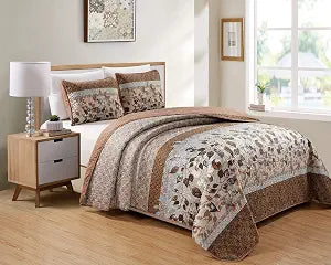 Bedspread Set Brown Tan Sky Blue Leaves White New (Full/Queen)