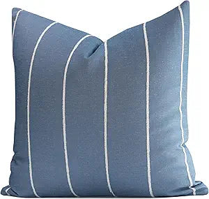 Crumbs Home Coastal Linen Indoor Outdoor Throw Pillow Cover Only, 22"x22" Water Repellent for Patio, Backyard, Couch, Azure Blue Embroidered Stripes