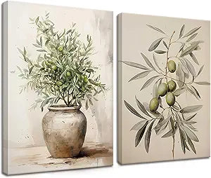 2Pcs Framed Botanical Wall Art Green Olive Branches Poster Print Neutral Farmhous Plant Picture Canvas Painting Wall decor for Living Room Kitchen or Dining Room Decor 16x24IN
