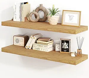30 Inch Floating Shelves, Rustic Floating Wall Shelves 8 Inch Deep, 30 x 8 Floating Shelves for Home Decor, Deep Display & Storage Shelves for Kitchen, Bathroom, Living Room, Oak Color, Set of 2
