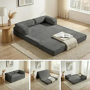 Convertible Sofa Bed Full,5-in-1 Folding Boneless Couch Corduroy Futon Sofa Bed,Tri-Fold Mattress with Removable Armrests & Handle,Sleeper with Pull Out Bed for Small Space Living Room Bedroom