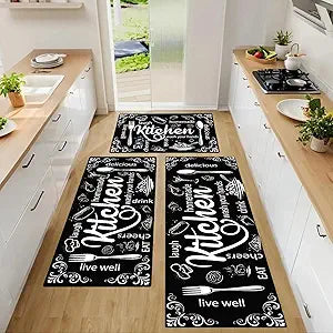 XLHOMO Kitchen Mats for Floor, Non Slip Washable Kitchen Rugs Sets of 3, Black Farmhouse Cushioned Stain Resistant Kitchen Runner Rug for Kitchen Floor, Laundry Room, Bathroom, Entryway Carpet Decor