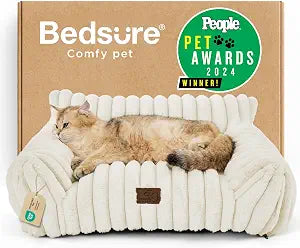 Bedsure ComfyFleece Cute Cat Couch for Pets - As Seen on TV on Good Day New York, Fluffy Cats beds for Indoor Cats with Removable Washable Cover, Supportive Pet Sofa, 24inch, Cream