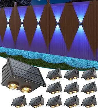 VOLISUN Solar Fence Lights 12 Pack, Color Glow LED Up and Down Wall Lights, IP65 Waterproof Solar Lights Outdoor for Patio, Backyard, Railing, Deck, Fence and Wall (4 Lenses)