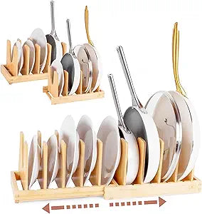 Pot and Pan Organizer for Under Cabinet  Bamboo Pot Lid Organizer for Cabinet with Magnetic Lock, Expandable 2-in-1, Adjustable Dividers, Non-Slip Base for Cutting Boards, Cookie Sheets, Bakeware