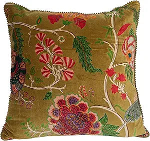 Creative Co-Op Cotton Blend Velvet Printed Pillow with Flowers and Mini Pom Pom Trim, Multicolor