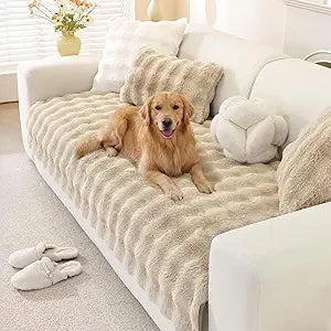 OstepDecor Faux Fur Couch Cover, Soft Plush Couch Covers for Sofa, Fuzzy Cozy Bubble Sofa Covers Washable, Pet Friendly Couch Protectors for Dogs, Dog Mat for Couches and Sofas (35.4" x 70.9", Khaki)