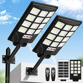 Brightever Solar Street Light Outdoor, 6500K Waterproof Motion Sensor LED Solar Powered Flood Light with Remote Control, Dusk to Dawn Commercial Area Lighting for Outside Parking Lot, 2-Pack