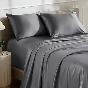 Bare Home Queen Poly Satin Sheet Set - Luxury Soft and Smooth Satin - for Hair and Skin - Breathable - Similar to Silk - Deep Pocket up to 15 - Bedding Sheet Set (Queen, Grey)
