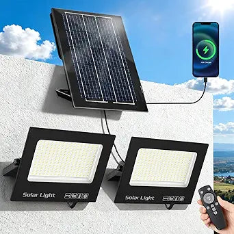 Solar Flood Lights Outdoor, Solar Lights with Dual LED Head & USB Output Charger, 15000LM 6500K Split Type Street Lights, Dusk to Dawn Outdoor Lighting for Yard Shed, Solar & Type-C Rechargeable