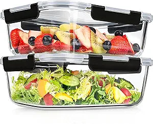 GEHE 2 Pack 78oz Large Glass Storage Containers with Lids, Meal Prep Container, Glass Food Storage Containers for Roasting, Serving, Leakproof, Microwave, Freezer and Dishwasher Safe, BPA Free