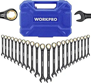 WORKPRO 22-Piece Ratcheting Wrench Set, Anti-slip Teeth, Ratchet Combination Wrench Sets with Organizer Box, Metric 6-18mm & SAE 1/4-3/4", Black Electrophoretic Coating