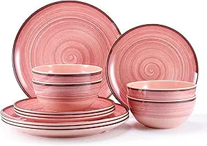 12Pcs Melamine Dinnerware Set, Plates And Bowls Sets for 4, Pink Color Dinnerware Sets, Melamine Plates Bowls Indoor and Outdoor Use Dish Set Dishwasher Safe BPA Free(Pink)