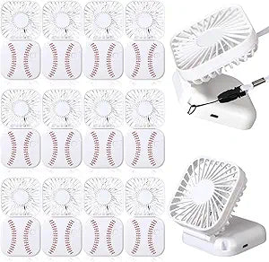 Retisee 12 Pcs Baseball Mini Portable Handheld Fans 3 Speed USB Rechargeable Necklace Fans Bulk 180┬░ Foldable Electric Personal for Sport Party Favors Team Game Gift (White,Baseball)