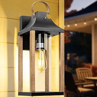 Dusk to Dawn Outdoor Light Fixture Rustic Wood, 17 Large Outside Light for House Cylindrical Glass IP65 Waterproof Outdoor Lantern Scone Farmhouse Porch Light Exterior Wall Mounted Lamp