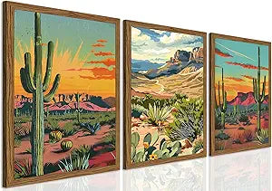 Framed Desert Landscape Wall Art Set of 3, Vintage Mexican Cactus Wall Decor Paintings, Boho Southwestern Mountain Plant Pictures Canvas Prints for Living Room Bedroom Bathroom Office 12x16 inch