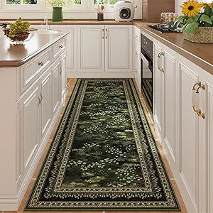 Rugcomf Runner Rug Impressionist-Style Vintage Kitchen Rugs Non Slip Washable Soft Carpet Runner for Kitchen Laundry Bedroom Bathroom, Green