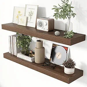 Heimlove 36 Inch Floating Shelves for Wall 8 Inch Deep Walnut Shelves Set of 2,Wall Mounted Rustic Wood Long Floating Shelf with Invisible Brackets for Bedroom Kitchen Living Room
