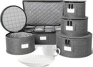 storageLAB China Storage Containers, Hard Shell Case with Felt Dividers for Charger Plates, and Dishes, Ideal for Kitchen Organization, Moving Supplies, and Fine China Storage - 5-Piece Set, Gray