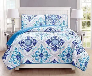Grand Linen 3-Piece Fine Printed Quilt Set Reversible Bedspread Coverlet King Size Bed Cover (Turquoise, Blue, White, Grey, Navy)