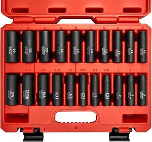 NEIKO 02431A 3/8 Drive SAE and Metric Deep Impact Socket Set | 21 Pieces | SAE 5/16 to 3/4 | Metric 7mm to 19mm | Premium Cr-V Steel | 6-Point Hex Design | Corrosion Resistant Coating