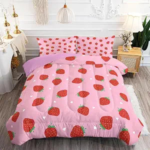Cute Strawberry Comforter,Kawaii Strawberry Bedding Set for Kids Girls Boys,Teens Adults White Love Comforter,Cartoon Fruit Quilted Duvet Set Bedroom Collection Twin Size 2Pcs