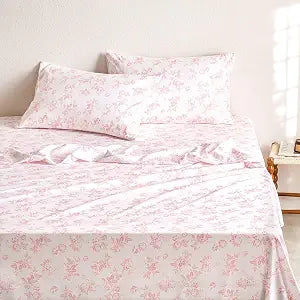 Wake In Cloud - Floral Bed Sheets, 4-Piece Sheet Set, Shabby Chic Botanical Coquette Cottagecore Vintage Flower Pattern Printed Bedding, Deep Pocket, Pink, King Size