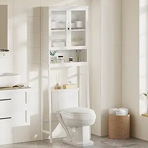 BAMBANG Over The Toilet Storage Cabinet, Bamboo Bathroom Over Toilet Storage Organizer with Adjustable Shelves and Double Doors, Above Toilet Storage Cabinet (White)