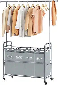 Tajsoon Laundry Sorter with Hanging Bar, 4 Section Rolling Laundry Hamper with Heavy Duty Lockable Wheels, Laundry Sorter Cart for Bathroom & Bedroom, Gray