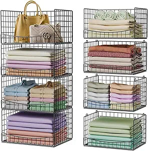 JKsmart 4-Tier Stackable Closet Organizers and Storage Shelves, Extend Clothing Closet Shelf Bins for Jeans Pants Sweaters - Wardrobe Cupboard Clothes Organizer System-Wider Mouth Design