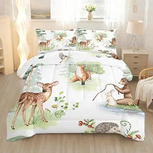 Wildlife Animals Comforter Set Twin for Kids Woodland Fox Deer and Bear Print Bedding Set Soft Cartoon Animal Print Bed Set White Green Forest Quilt Set with 1 Comforter + 1 Pillowcase
