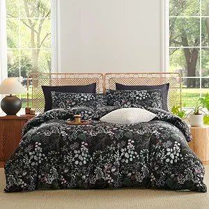 CCoutueChen Floral Duvet Cover Queen 3 Pieces Elegant Flower Bedding Set Farmhosue Aesthetic Bedding Soft Microfiber Black Duvet Cover Set with 2 Pillowcases