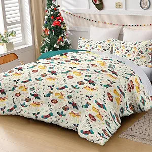 Mybedsoul Christmas Duvet Cover Set Queen, Christmas Bells Pattern Comforter Cover Set, 3 Pieces Festival Stockings Duvet Cover with Pillow Case, Green Bedding Set 90"x 90"(Not Comforter)