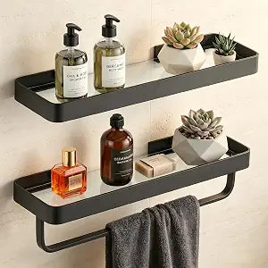 VOLPONE Bathroom Wall Shelf Black Glass Shelves 15.7in Bathroom Shelves with Towel bar Towel Shelf Wall Mounted 2 Tier