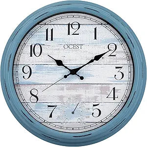 OCEST 16 Inch Indoor Outdoor Clock, Waterproof Large Wall Clock with Thermometer, Silent Non-Ticking Battery Operated Decor for Patio Pool Porch Garden GarageBlue