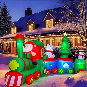 MGparty 14FT Christmas Inflatables Train with Santa Claus Bear Penguin Christmas Tress Built-in LED Lights Blow Up for Party Holiday Decor Indoor Outdoor Garden Lawn Yard Decorations