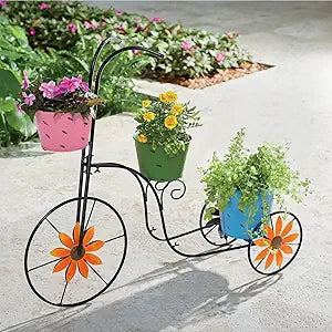 BAYN Bicycle Planter Stand, Metal Flower Pot Cart Holder with 3 Plant Bucket Outdoor Decorative for Patio, Deck, Garden or Lawn