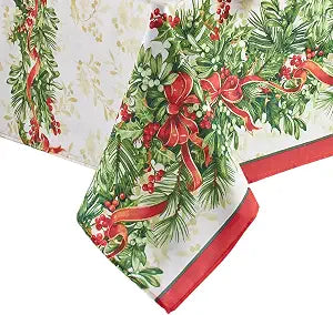 Elrene Home Fashions Holly Traditions Fabric Wrinkle Resistant Holiday Tablecloth, 60" x 144", Oblong, Multi