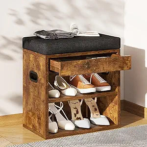 YMYNY Small Shoe Storage Bench with Cushion and Drawer, 2 Tier Adjustable Entryway Bench with Storage, Wooden Shoe Rack Bench for Entryway, Living Room, Hallway, Closet, Bedroom, Rustic Brown, HSC002H