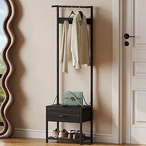 LUMTOK Hall Tree with Shoes Bench, Small Coat Rack with Fabirc Drawer and Shelf for Bedroom, 4-in-1 Entryway Organizer with Shoes Stool for Living Room, Entryway, Closets (Rustic Brown) (Black, Small)