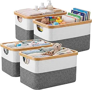Hushee 4 Pack Bamboo Fabric Storage Bins for Shelves, 15"x10"x7.9" Collapsible Storage Baskets for Organizing, Two-Tone Foldable Bins for Clothes, Towels, Linens(White with Grey)
