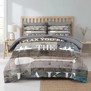 Pamnest Comforter Set Queen Size, Boat Adventure Camper Vintage 7 Pcs Bedding for Kids and Adults, Rustic Lake Camping Bed Sheet Sets with Fitted Sheet 2 Pillowcase & 2 Sham for Bedroom Bed Decor