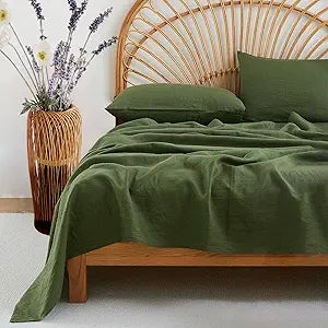 100% Pure Linen Queen Sheets Set, 4 Piece Natural Flax Bedding Sets with 16" Deep Pocket, Breathable Cooling Soft Durable Washed Linen Bed Sheets Machine Washable (Mossy Green,Queen)