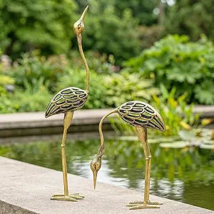 Seraphic Cast Iron Metal Crane/Heron Bird Garden Sculptures Statues for Indoor or Outdoor Lawn Decor, Rustic Bronze, Set of 2